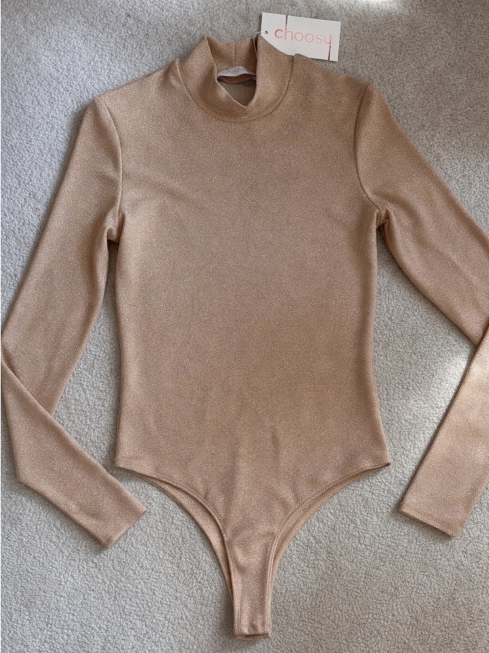Choosy Champagne Shimmer Mock-Neck Long Sleeve Bodysuit
